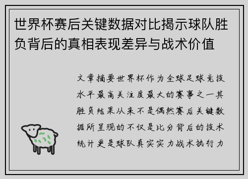 世界杯赛后关键数据对比揭示球队胜负背后的真相表现差异与战术价值 世界杯赛后关键数据对比揭示球队胜负背后的真相表现差异与战术价值