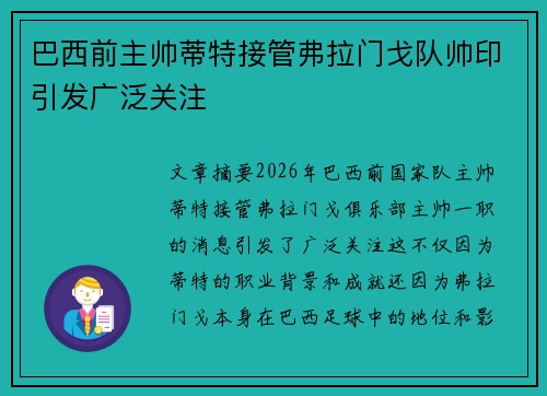 巴西前主帅蒂特接管弗拉门戈队帅印引发广泛关注