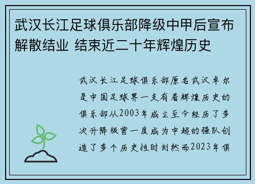 武汉长江足球俱乐部降级中甲后宣布解散结业 结束近二十年辉煌历史 武汉长江足球俱乐部降级中甲后宣布解散结业 结束近二十年辉煌历史