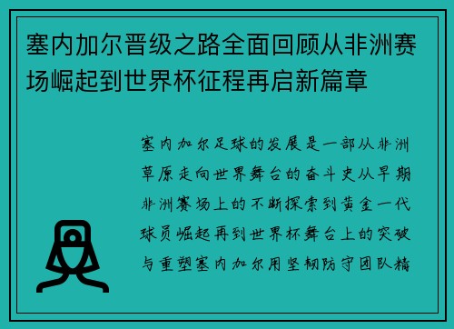 塞内加尔晋级之路全面回顾从非洲赛场崛起到世界杯征程再启新篇章